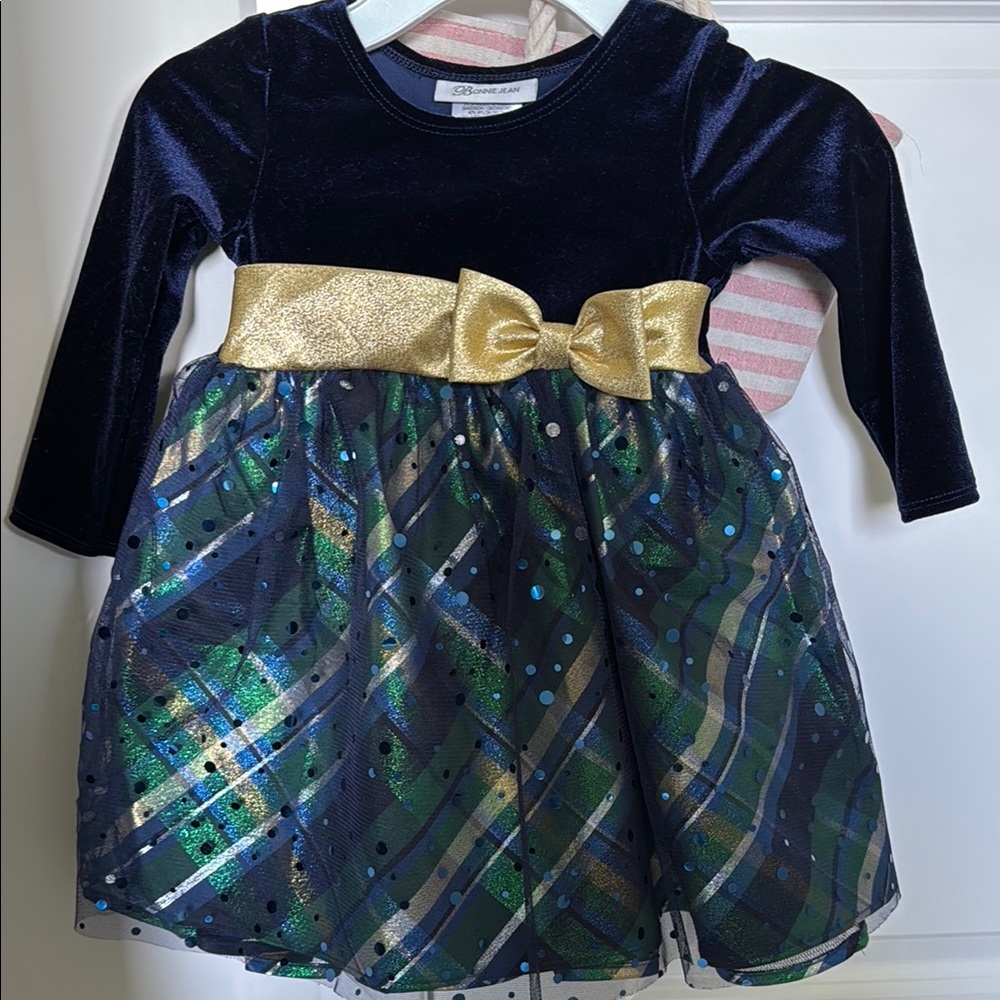Navy and Gold Velvet Dress with Plaid Skirt